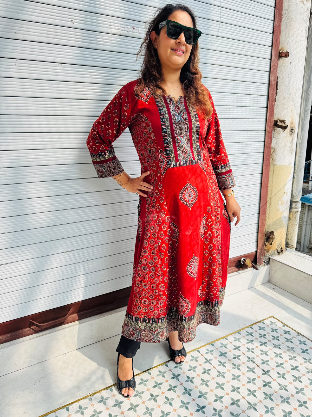 Handblocked printed kurta in natural dyed ajrak with patchwork