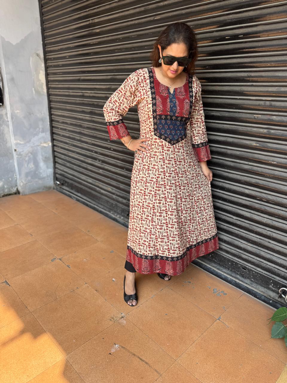 Handblocked Bagru Printed  12-Kali Kurta