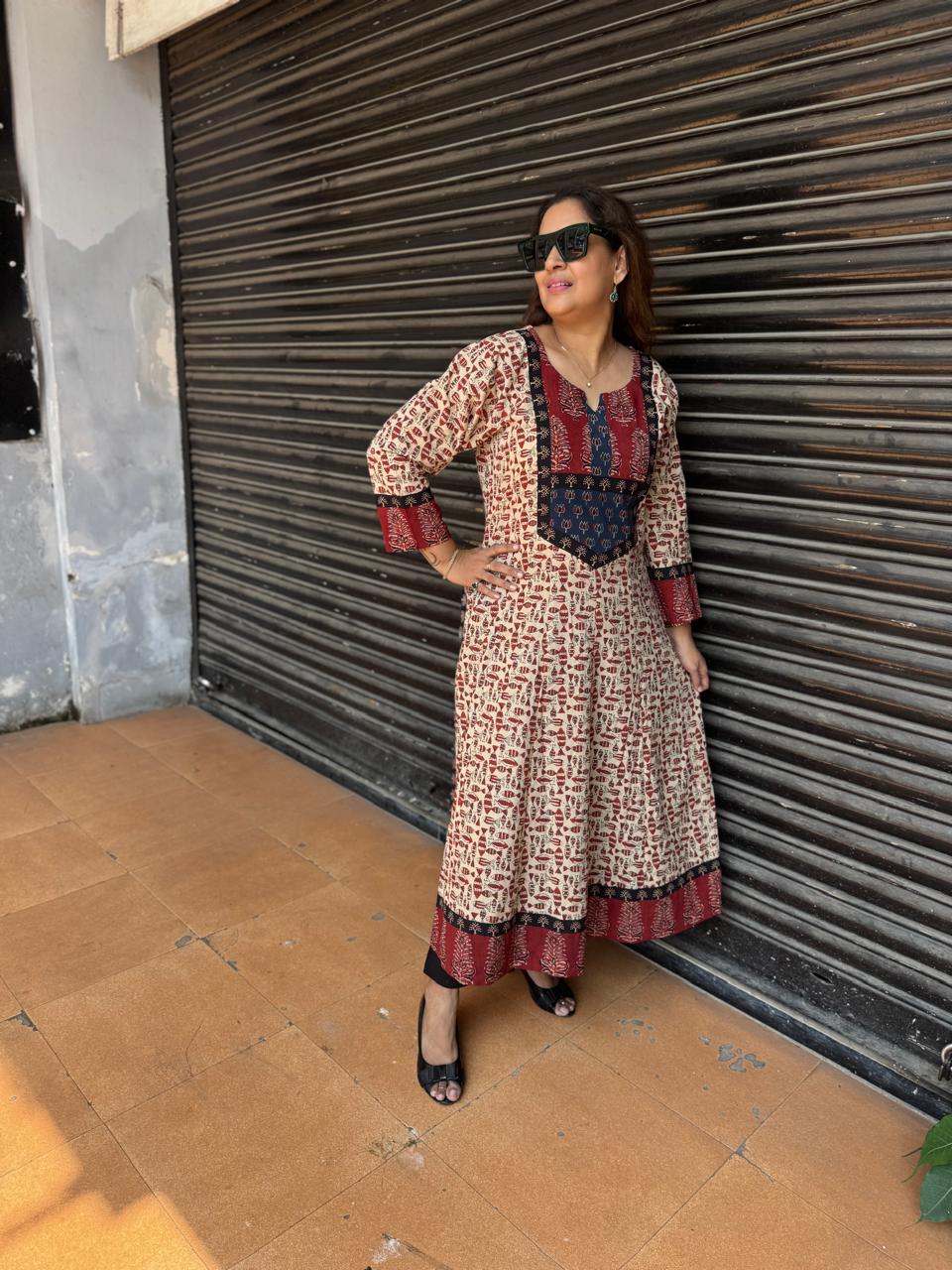 Handblocked Bagru Printed  12-Kali Kurta