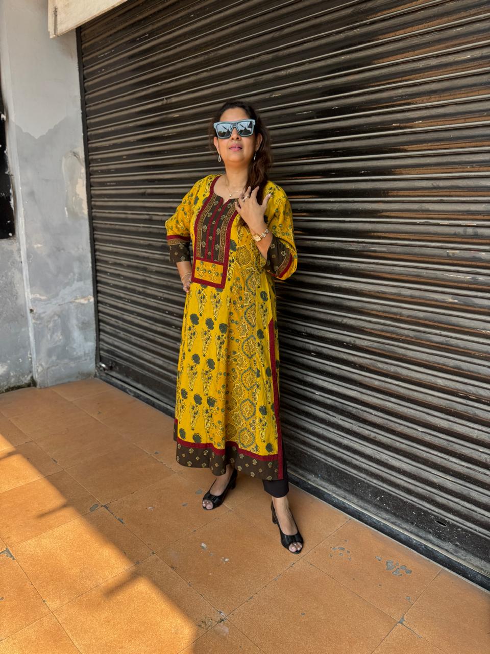 Natural-Dyed Multi-Print Ajrakh Kalidar Kurta