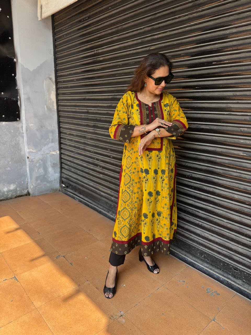 Natural-Dyed Multi-Print Ajrakh Kalidar Kurta