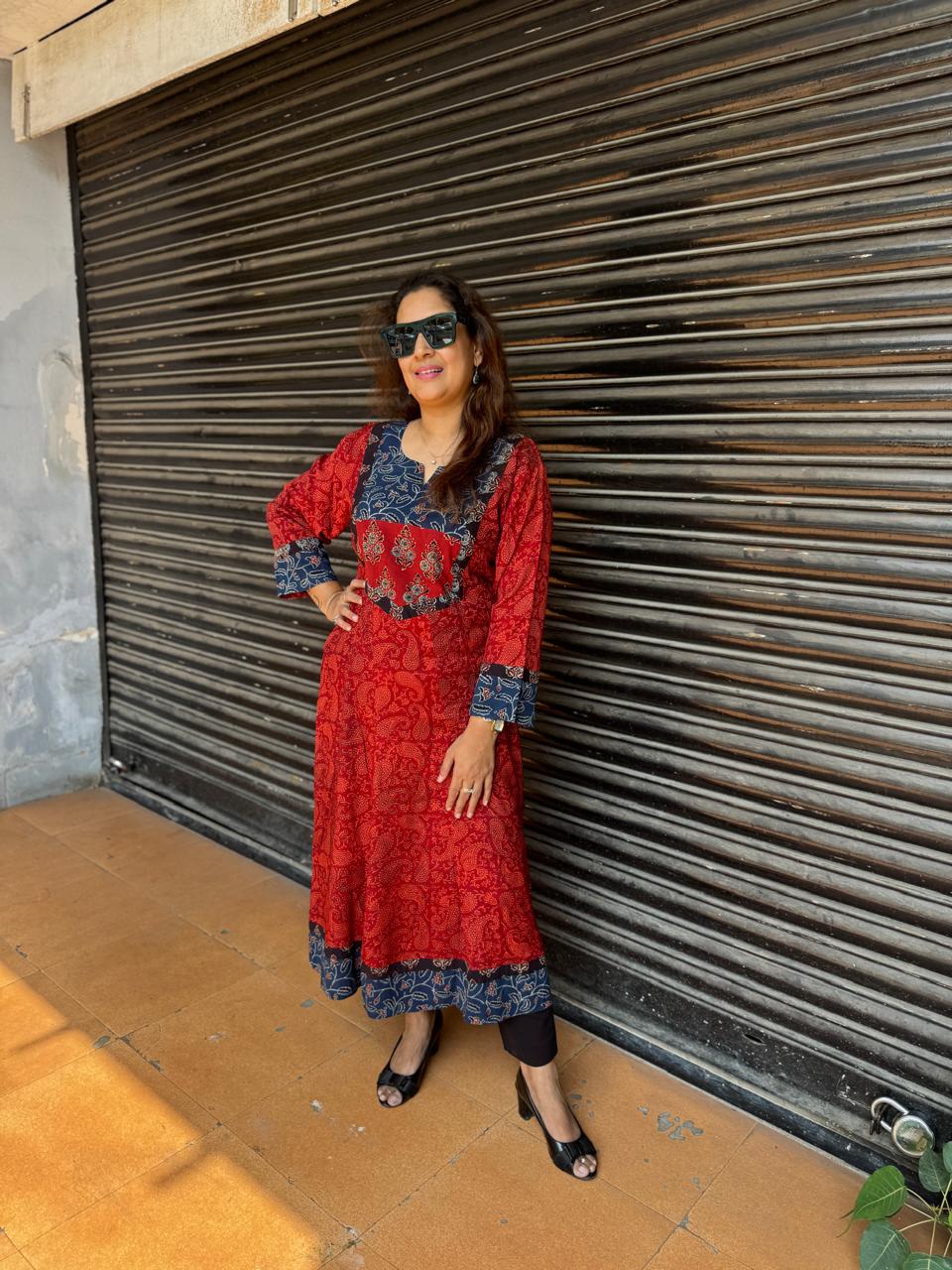 Rayon Ajrakh Kalidar Kurta