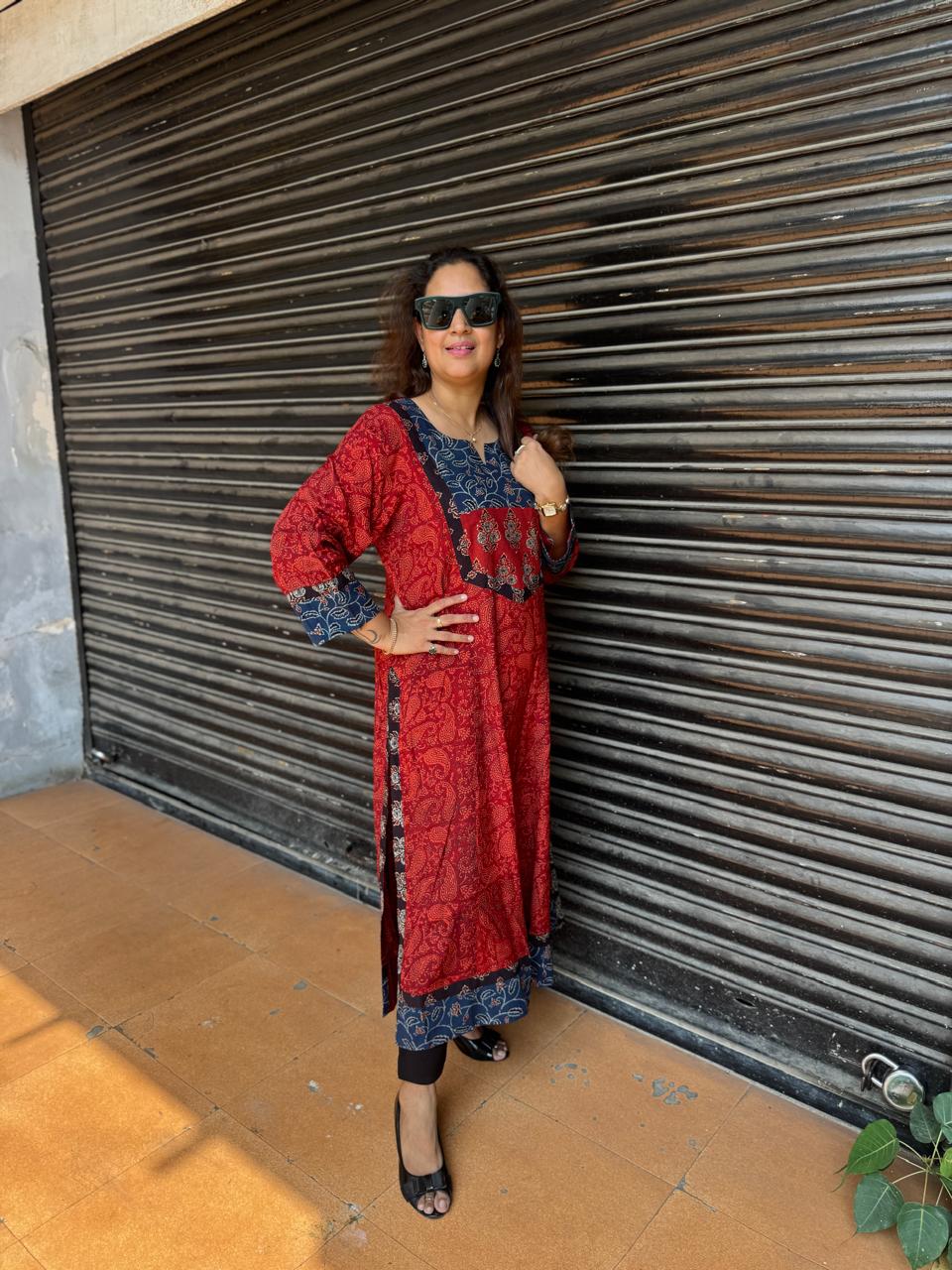 Rayon Ajrakh Kalidar Kurta
