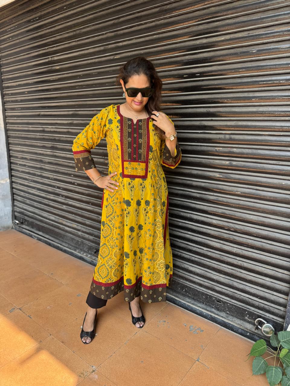 Natural-Dyed Multi-Print Ajrakh Kalidar Kurta