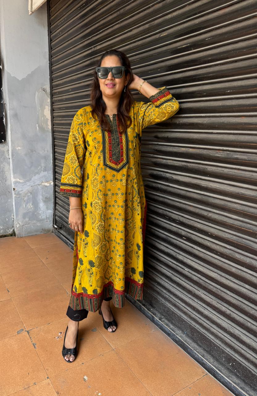 Natural-Dyed Multi-Print Ajrakh Kalidar Kurta