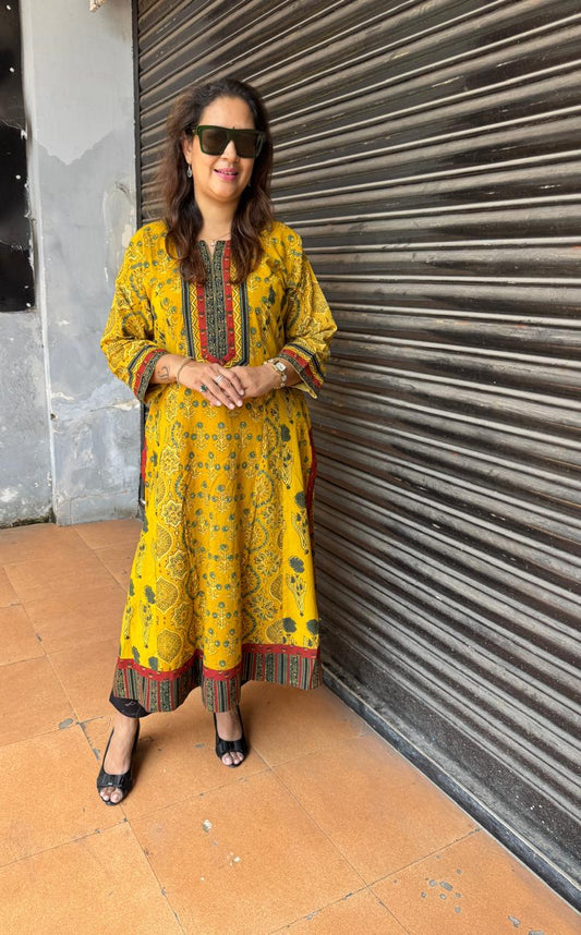 Natural-Dyed Multi-Print Ajrakh Kalidar Kurta