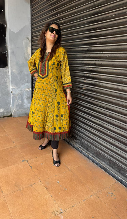 Natural-Dyed Multi-Print Ajrakh Kalidar Kurta