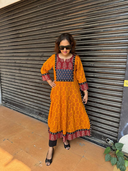 Mustard Yellow Bagh Print Kalidar Kurta
