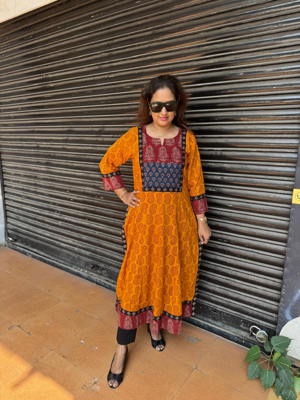 Mustard Yellow Bagh Print Kalidar Kurta