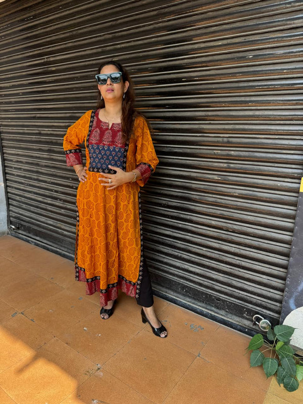 Mustard Yellow Bagh Print Kalidar Kurta