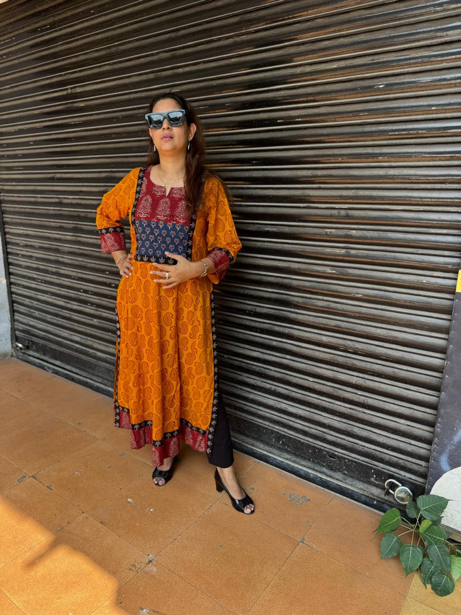 Mustard Yellow Bagh Print Kalidar Kurta